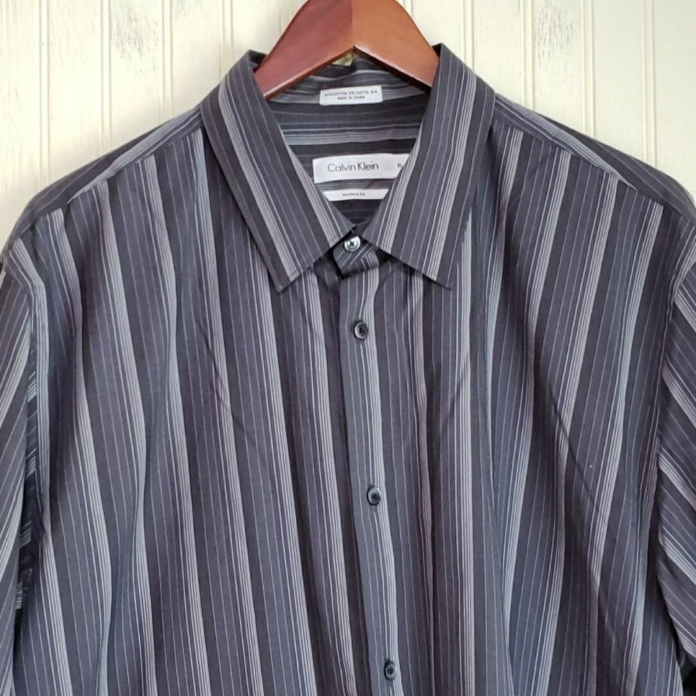 Calvin Klein Dress Shirt Mens XL Gray Stripe Regular Fit Stretch Long Sleeve‎